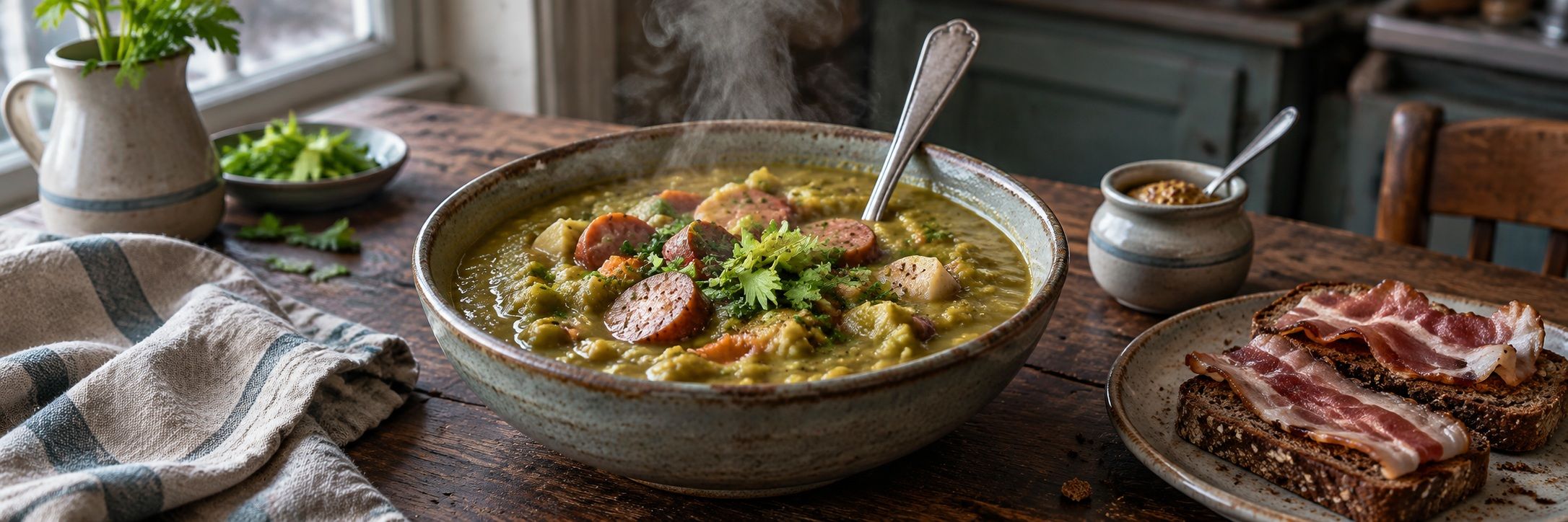 A bowl of thick Dutch split pea soup (snert) with slices of rookworst, served with rye bread and bacon