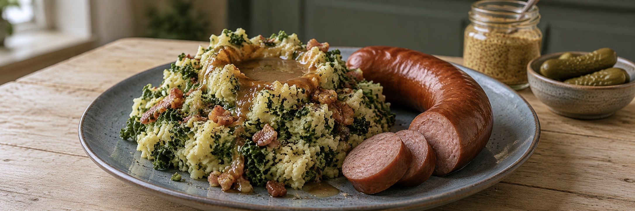 Boerenkoolstamppot: kale and potato mash with a well of gravy and a smoked rookworst sausage