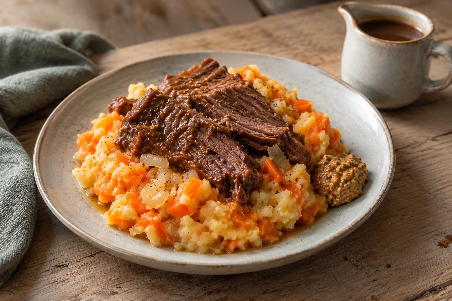 Hutspot: carrot, onion and potato mash topped with slow-cooked beef and mustard