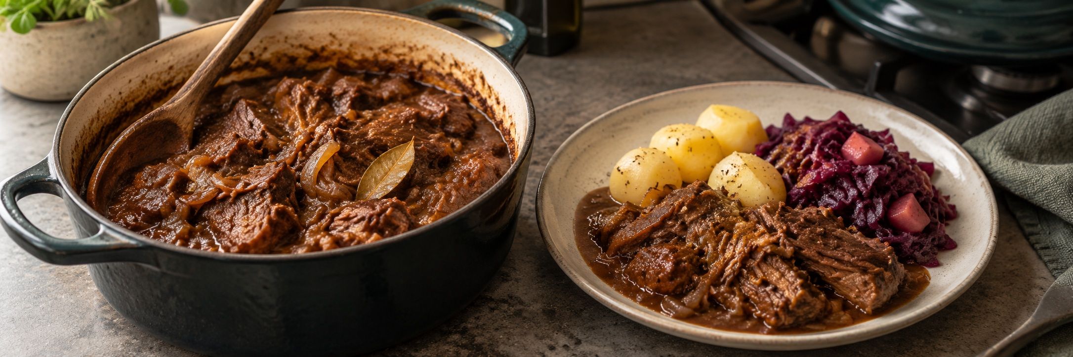 A casserole of hachee, Dutch beef and onion stew, served with red cabbage and potatoes