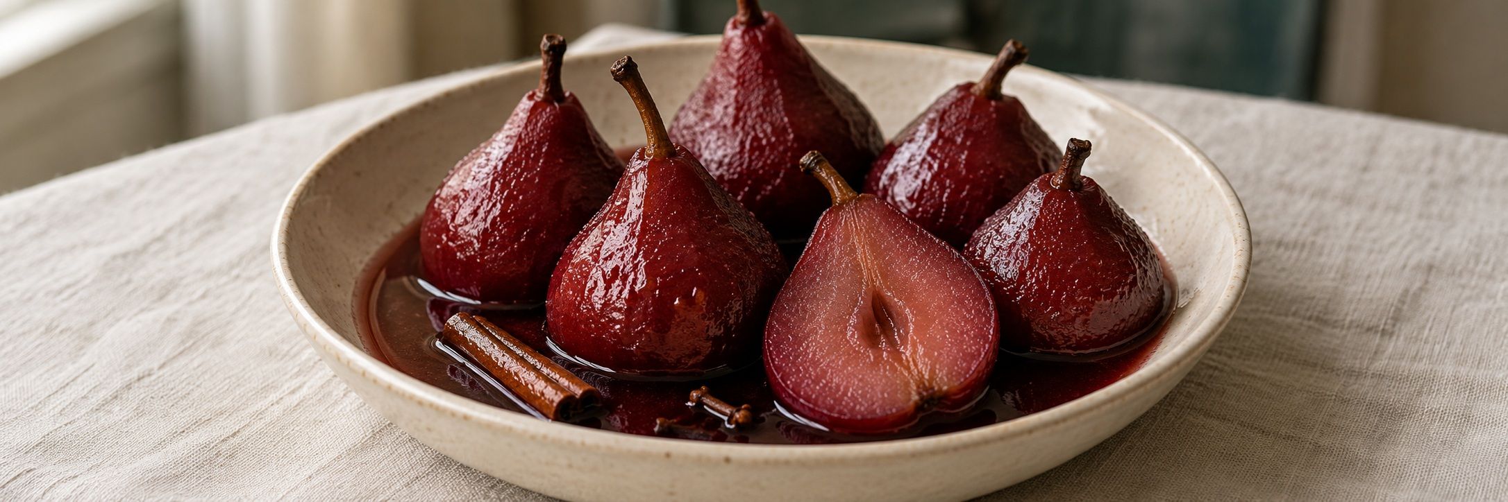 Stoofpeertjes: ruby-red poached Dutch stewing pears in syrup with a cinnamon stick