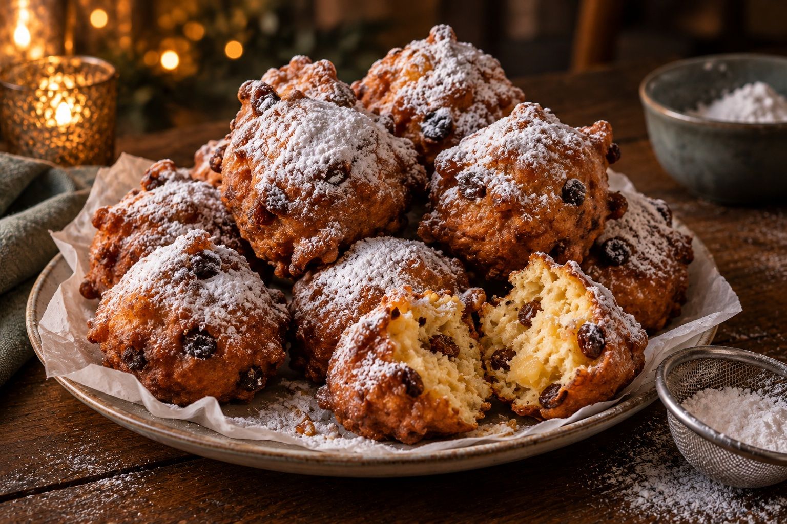 A pile of oliebollen, Dutch New Year's Eve doughnuts, dusted with icing sugar