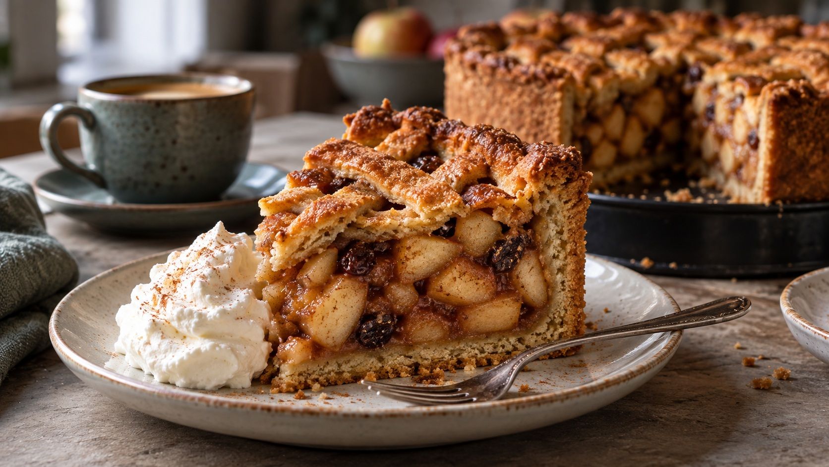 A tall slice of Dutch appeltaart with a lattice crust and whipped cream