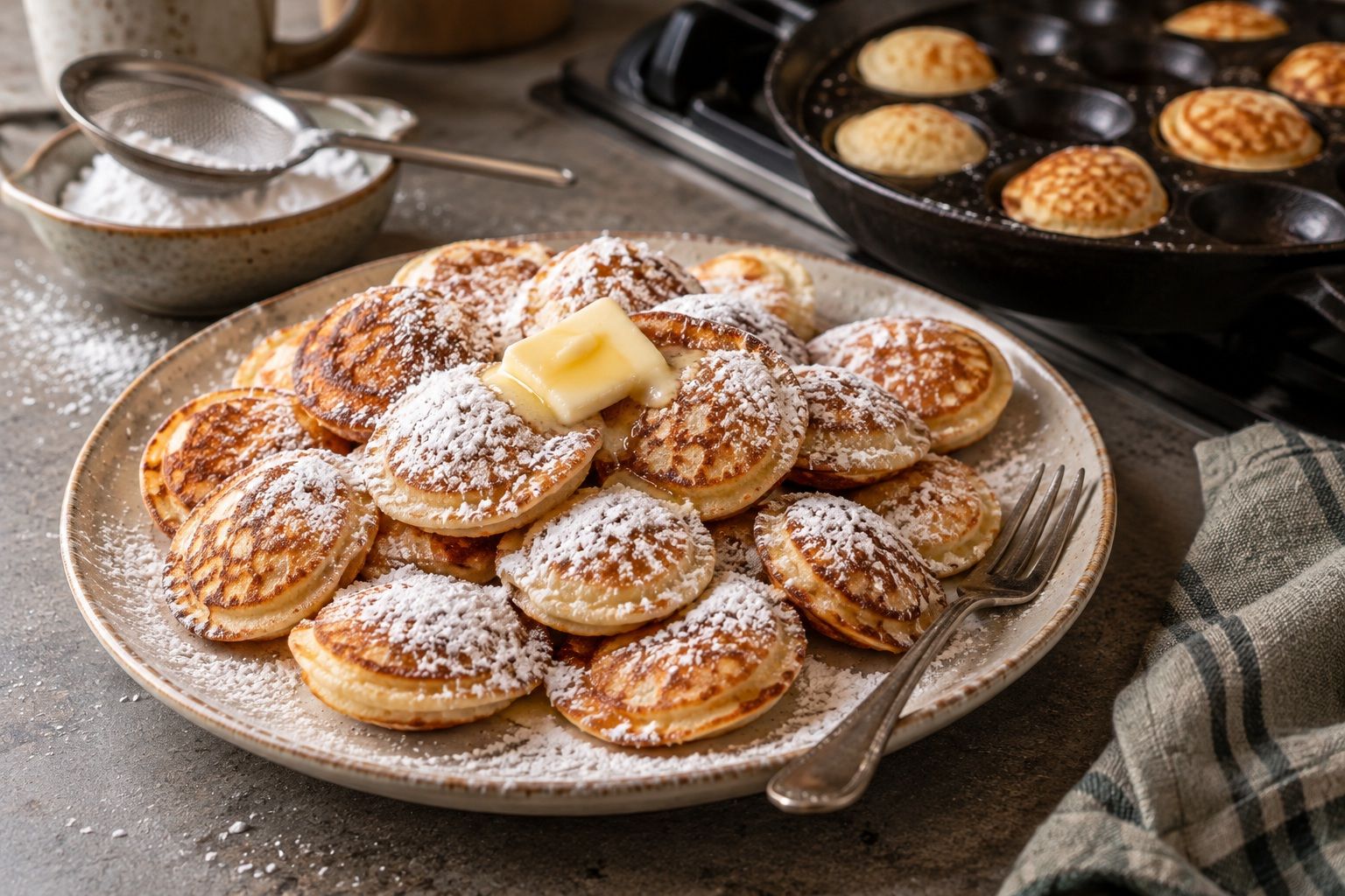 Poffertjes: small Dutch buckwheat pancakes with melting butter and icing sugar