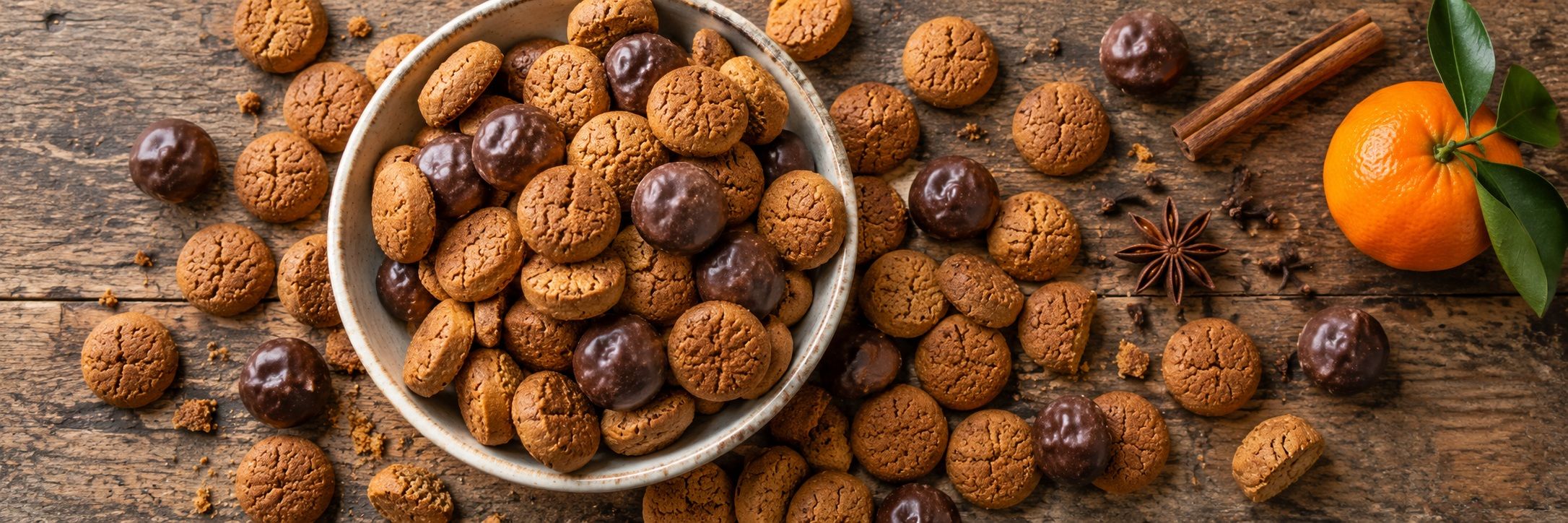 A bowl of kruidnoten, small spiced Dutch Sinterklaas biscuits, some coated in chocolate