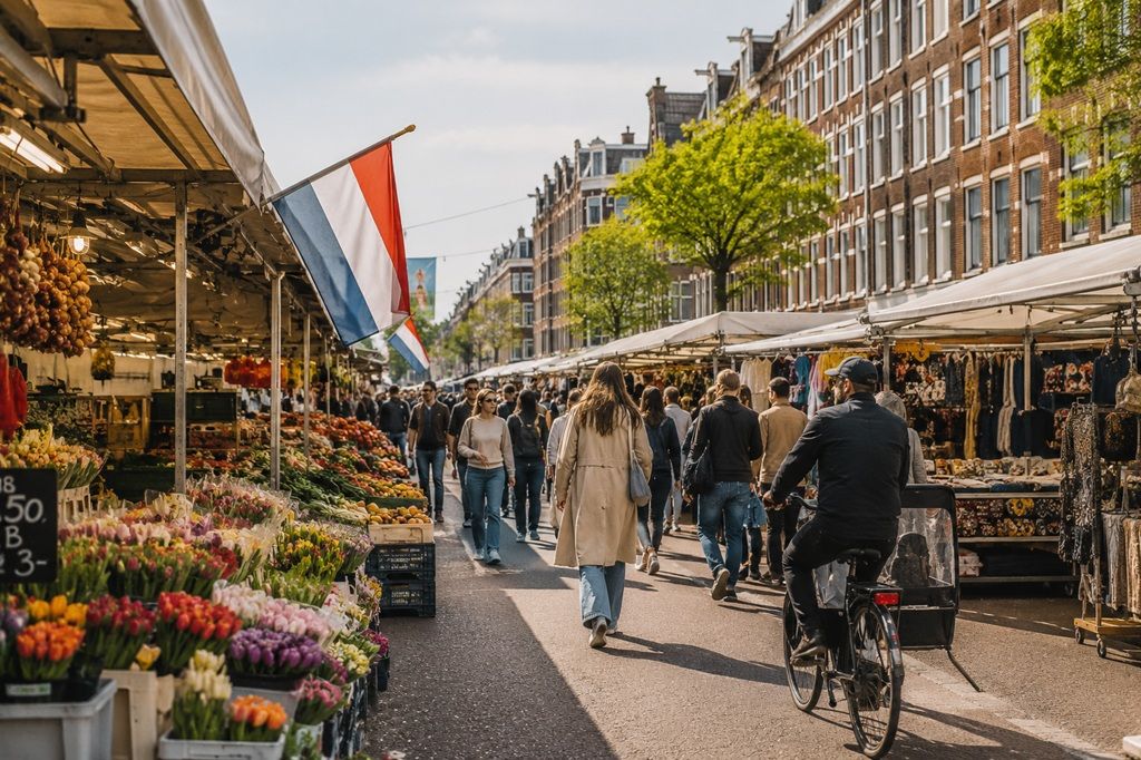 Straatbeeld van de Albert Cuypmarkt in De Pijp, Amsterdam, nabij serviced apartments van City Retreat