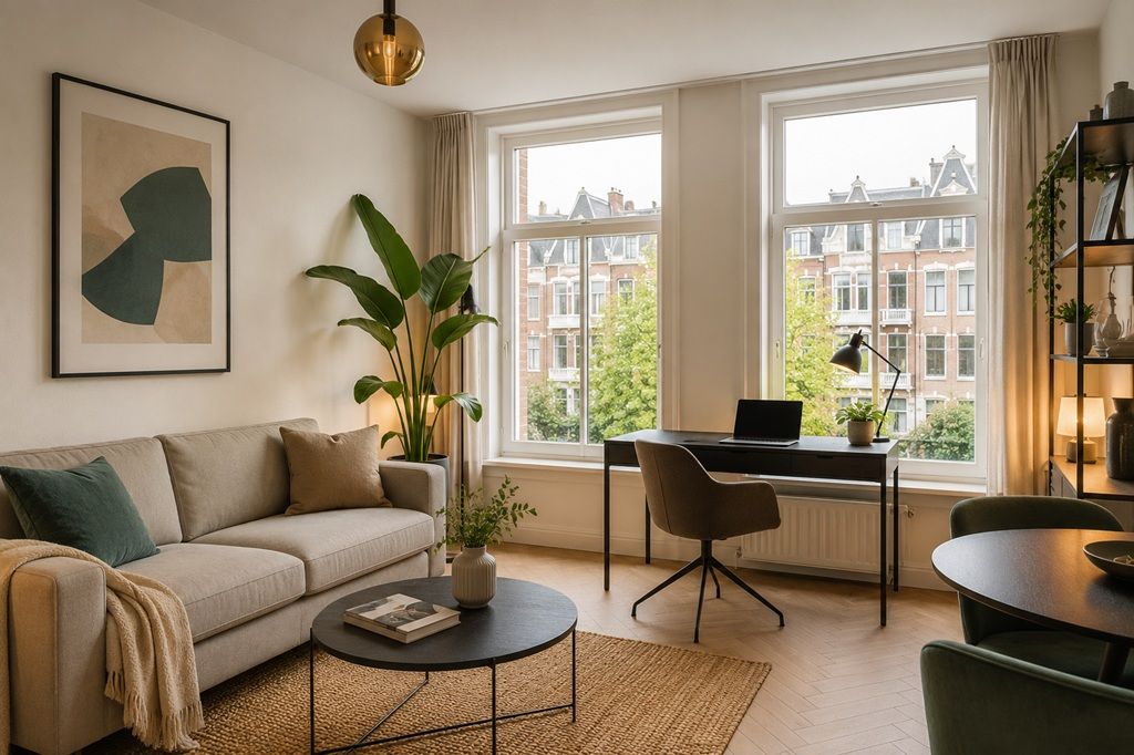 Volledig gemeubileerd serviced apartment-interieur met werkplek in De Pijp, Amsterdam