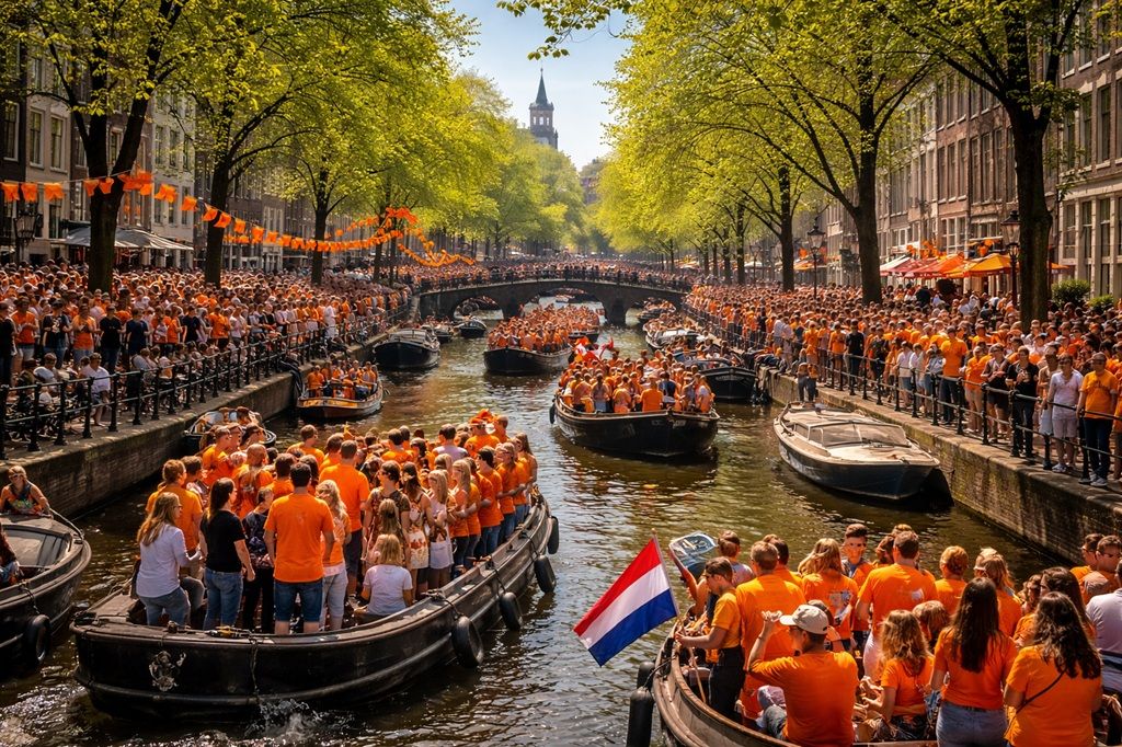 King's Day celebration in Amsterdam with orange crowds and boats on the canal