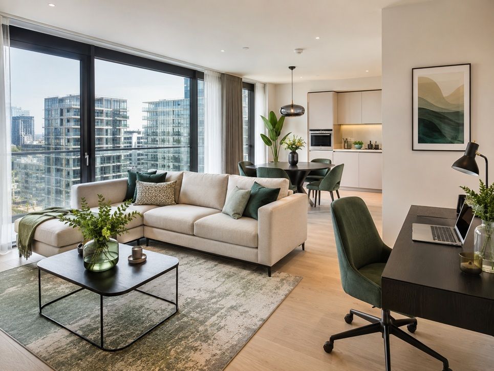 Fully furnished modern serviced apartment interior with workspace in Amsterdam Zuid / Zuidas