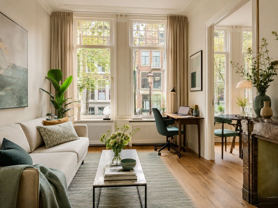 Fully furnished serviced apartment interior with workspace in the Jordaan, Amsterdam