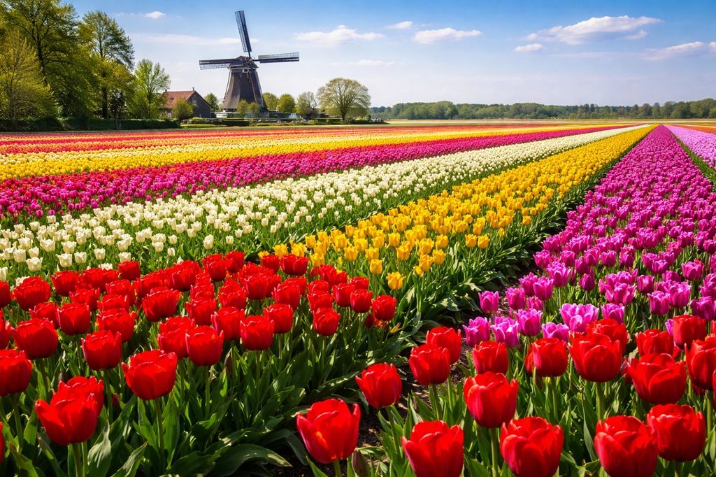 Colourful tulip fields in bloom in the Netherlands during spring