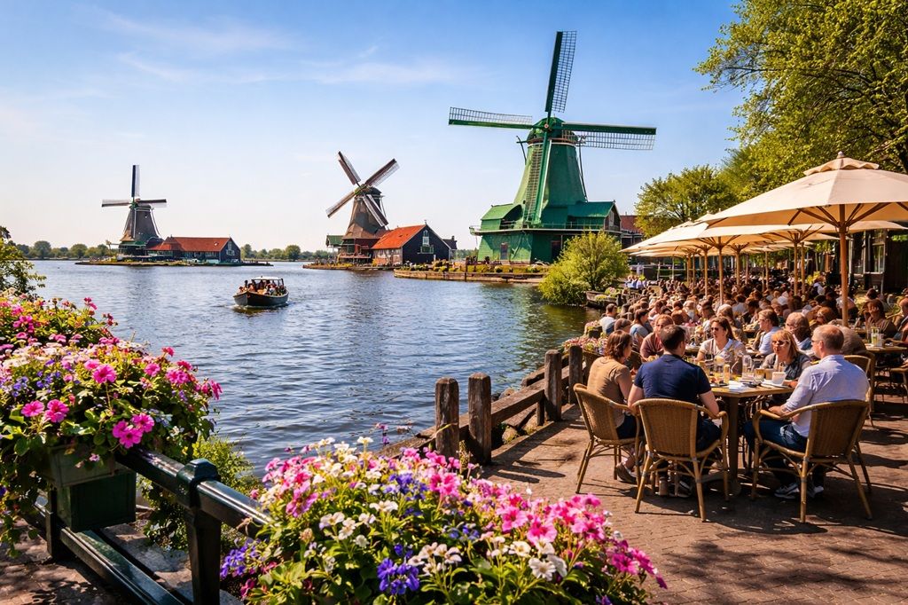 Spring day at Zaanse Schans with windmills and people enjoying the waterfront