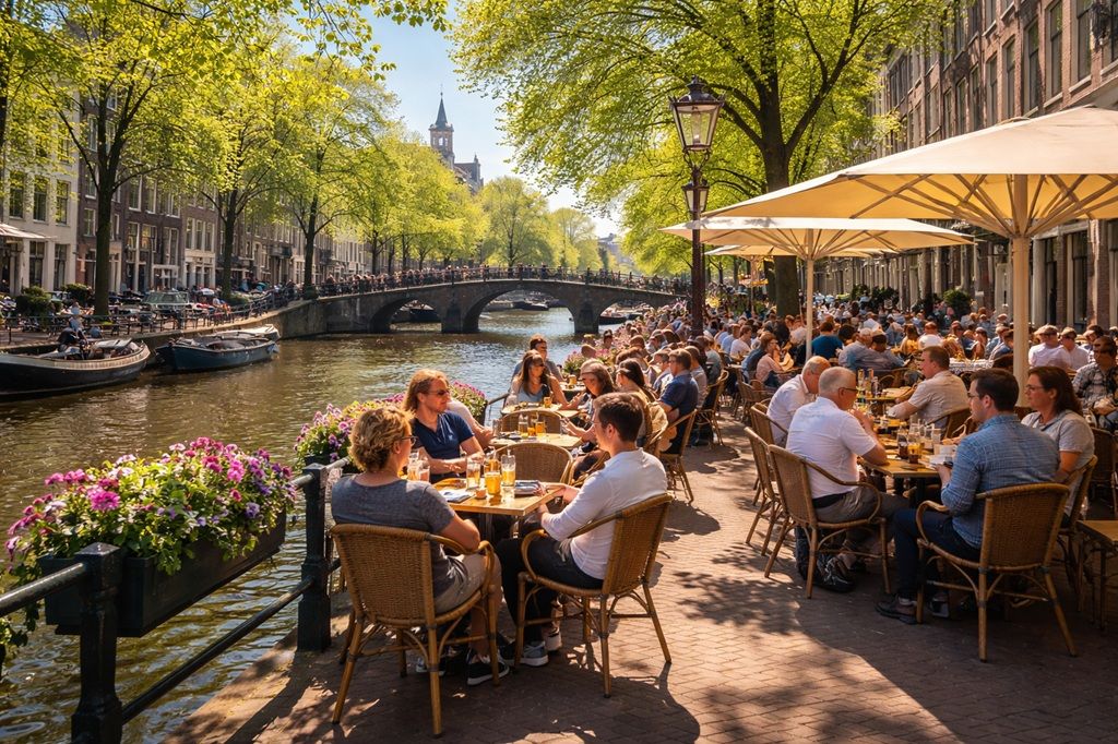 People sitting outside a canal-side café in Amsterdam during spring sunshine